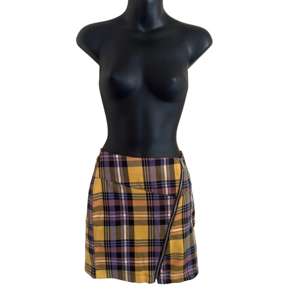 Mustard and purple plaid mini skirt with a zipper design